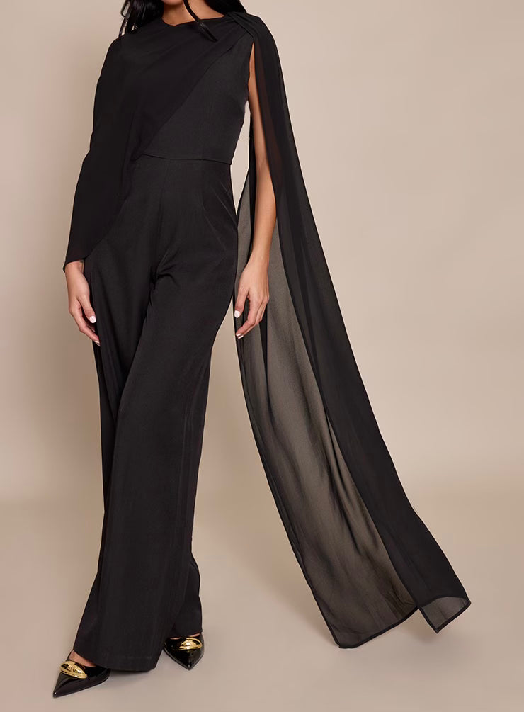 Black Cape Sleeve Draped Jumpsuit