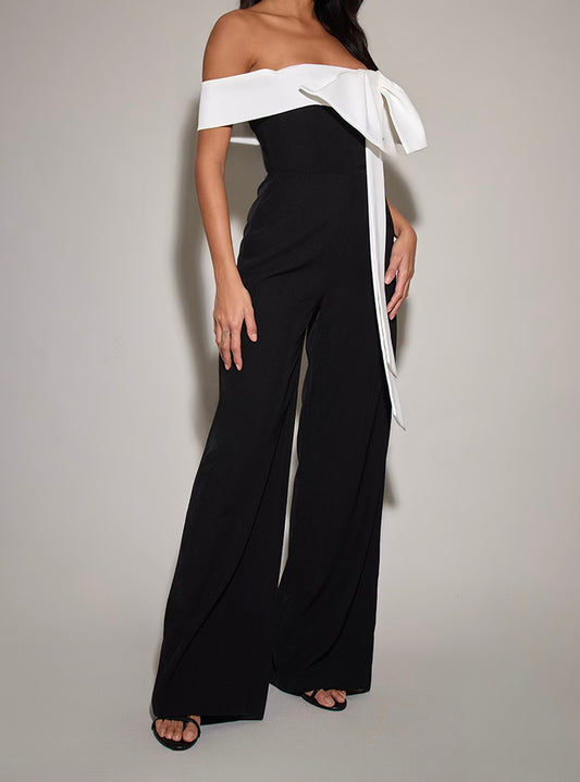 Black Off-Shoulder Bow Detail Wide-Leg