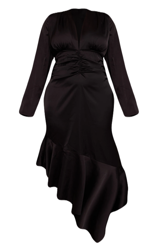 Black Satin Ruched Waist Maxi Dress