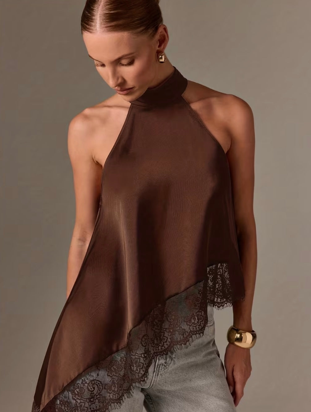 Asymmetric Lace Halter Top