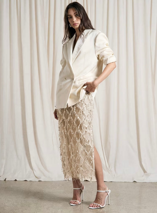 Cream Sequin Fringe Skirt
