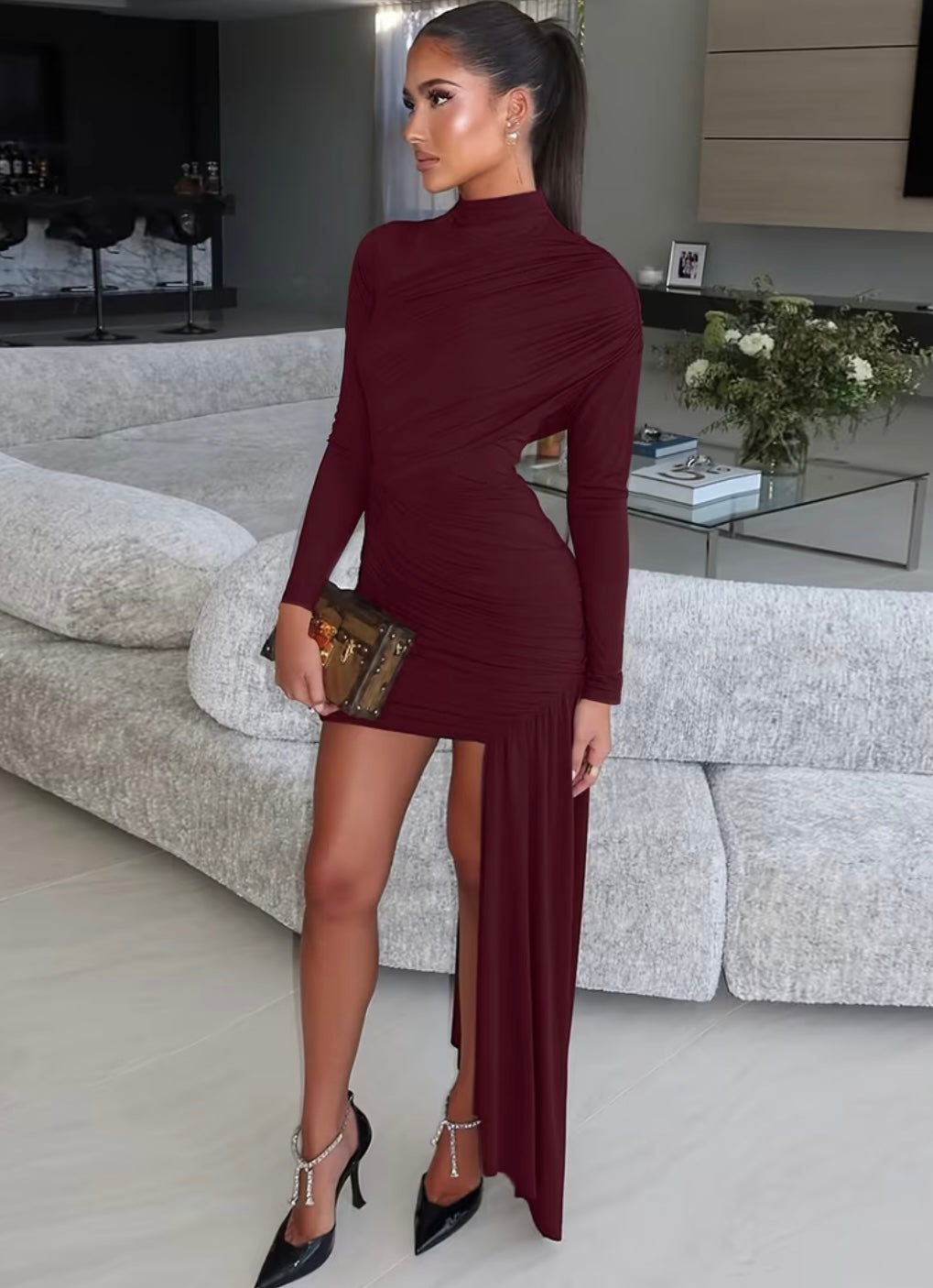 Crimson Asymmetric Ruched Mini Dress