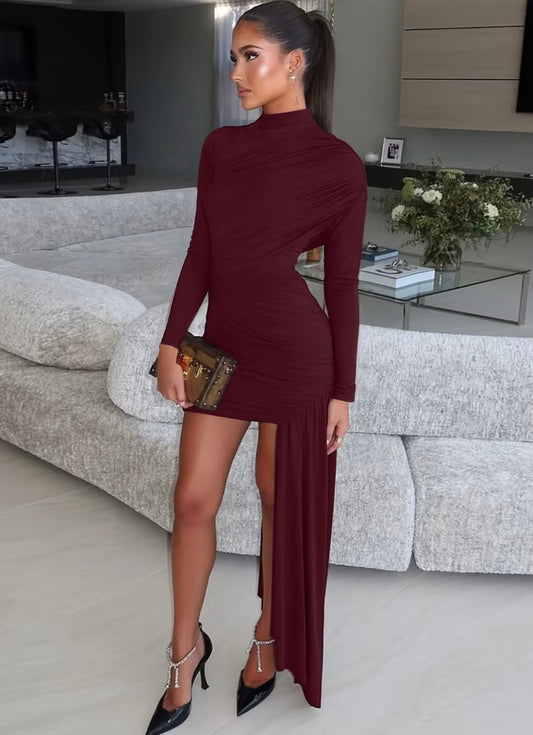 Crimson Asymmetric Ruched Mini Dress