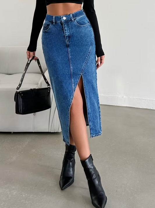 Front Slit Denim Midi Skirt