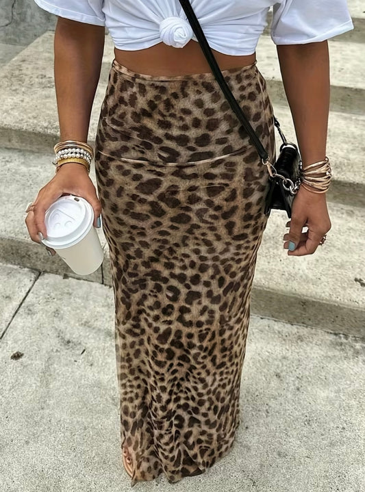 Leopard Print Mesh Mxi Skirt