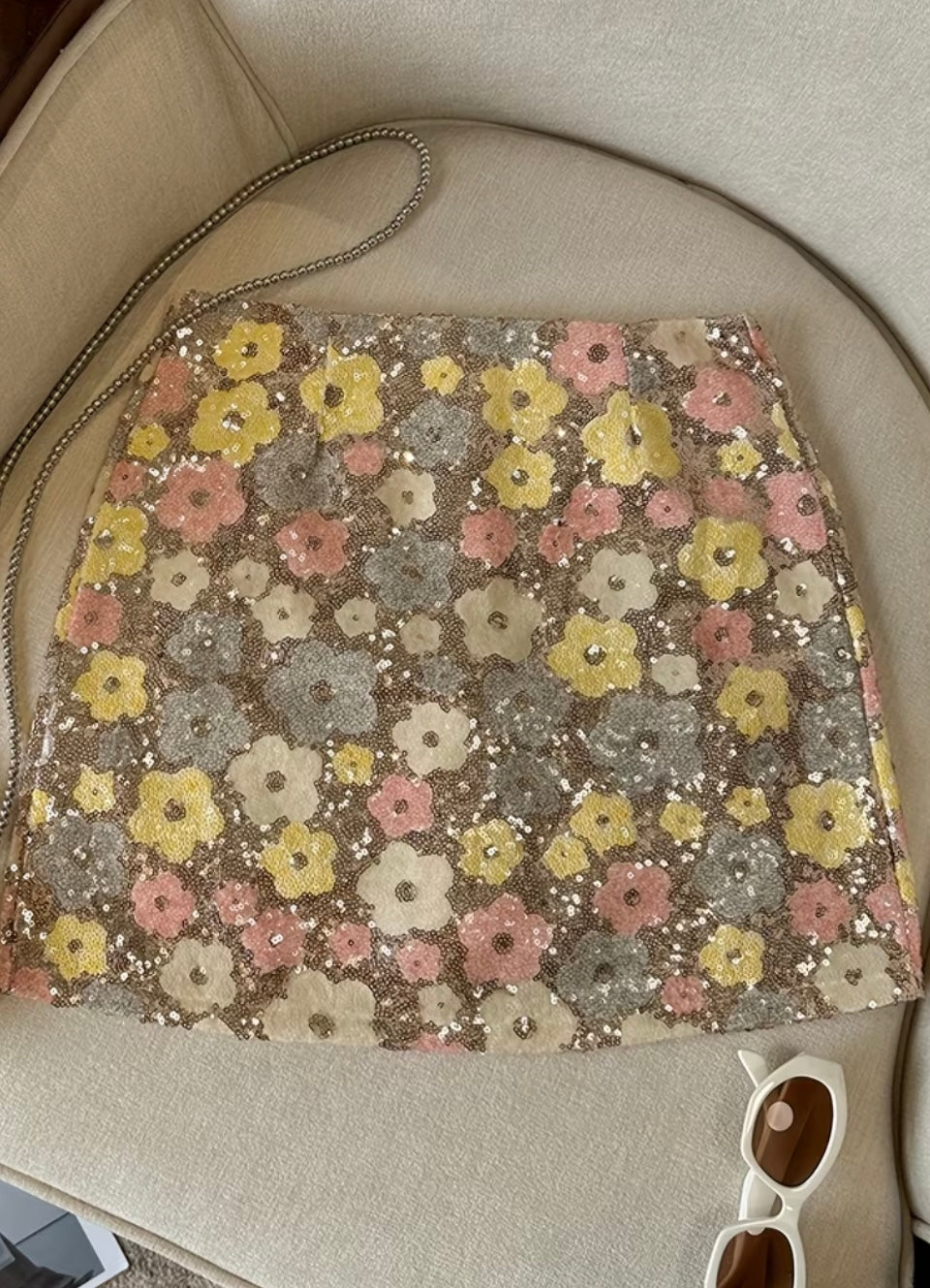 Pastel Floral Sequin Mini Skirt