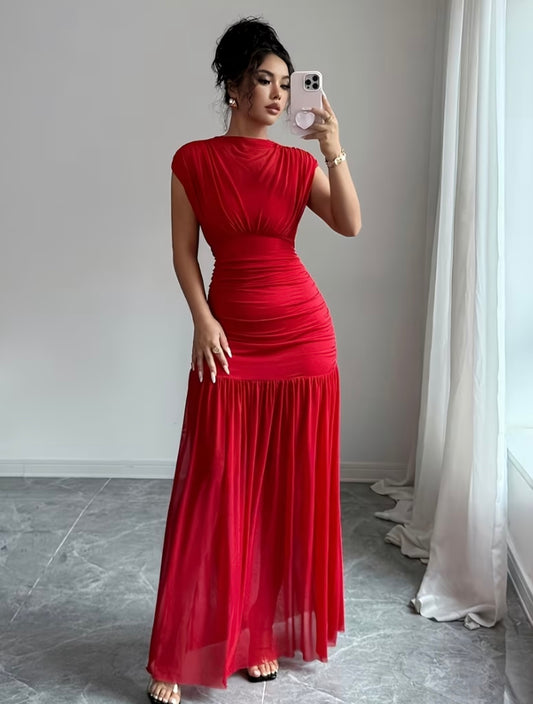 Red Ruched Maxi Dress