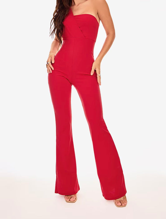 Red Strapless Flared Jumpsuit
