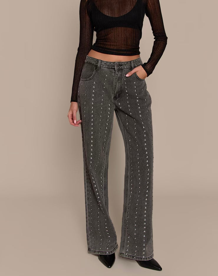 Washed Grey Studded High Waist Jeans