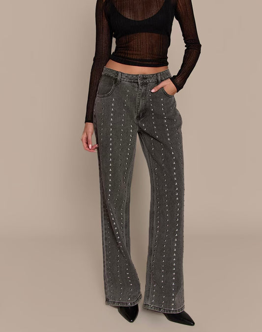 Washed Grey Studded High Waist Jeans