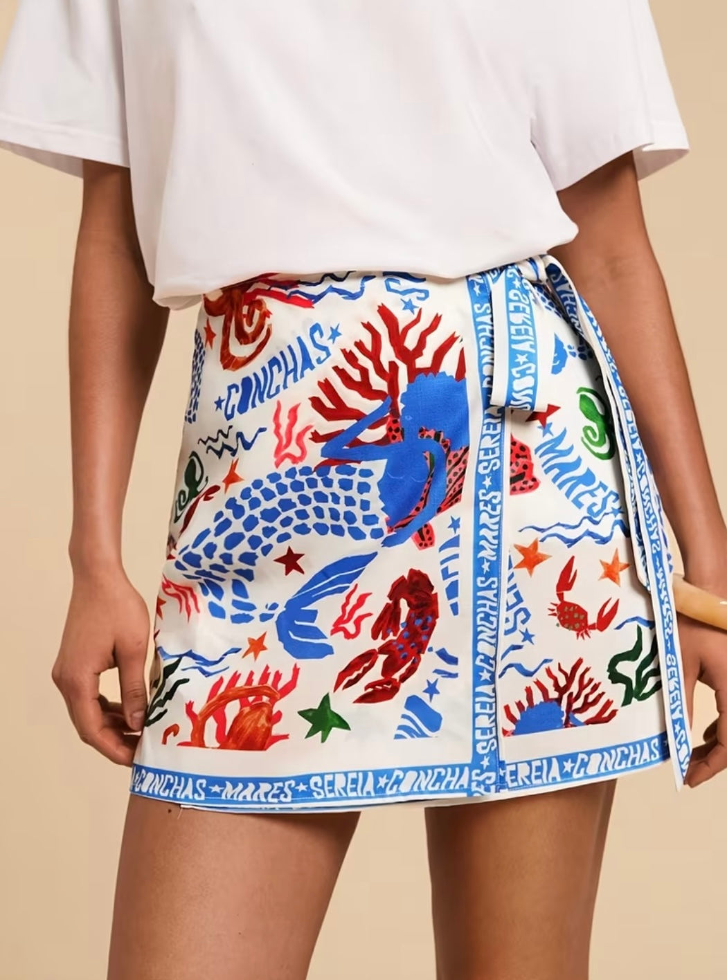 White Printed Wrap Mini Skirt