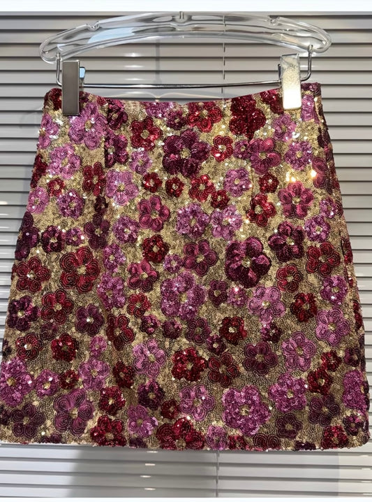 Wine & Pink Floral Sequin Skirt